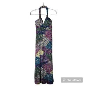 Christina Love Floral & Feather Halter Maxi Dress Size Small